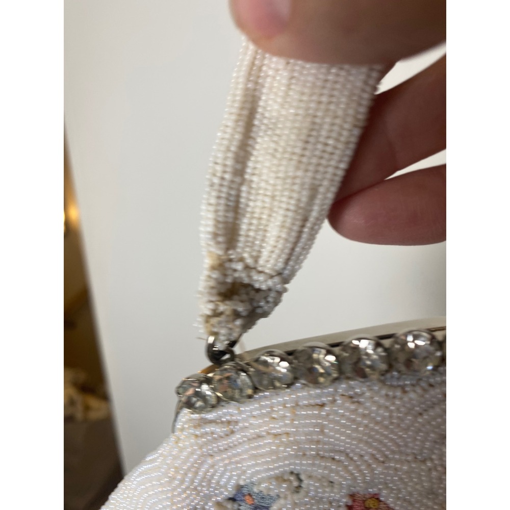 Vintage 1930's Floral Beaded Evening Bag Rhinestone Frame White Cream Purse - Picture 6 of 10